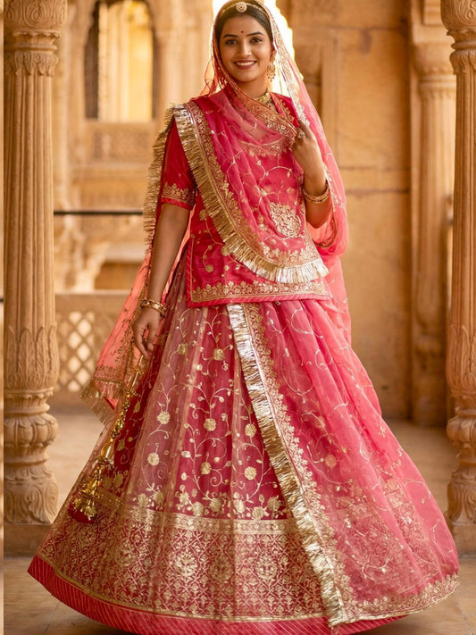 16 Kali Gher Gold Crush Rajputi Poshak with Laffa gotta Border Work in Pink color-91675