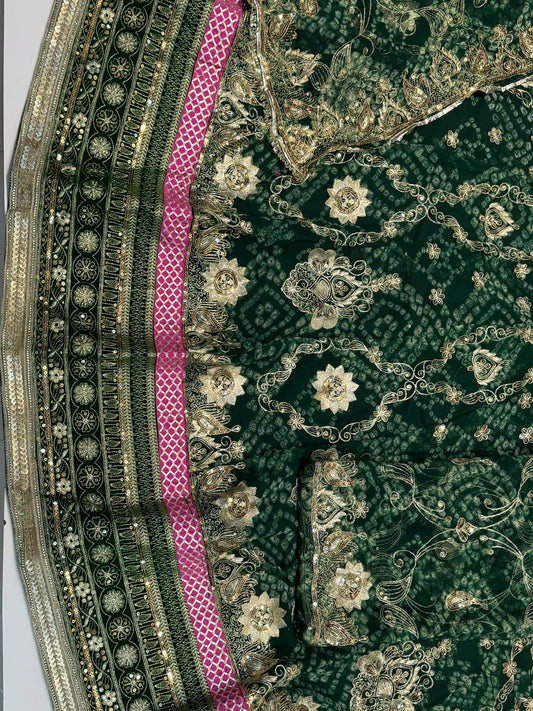 4 Meter Chundari Print Gorgette Premium quality Rajputi Poshak with stone Work in Green color-91666