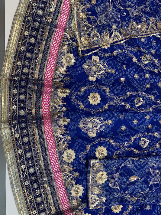 4 Meter Chundari Print Gorgette Premium quality Rajputi Poshak with stone Work in Blue color-91670