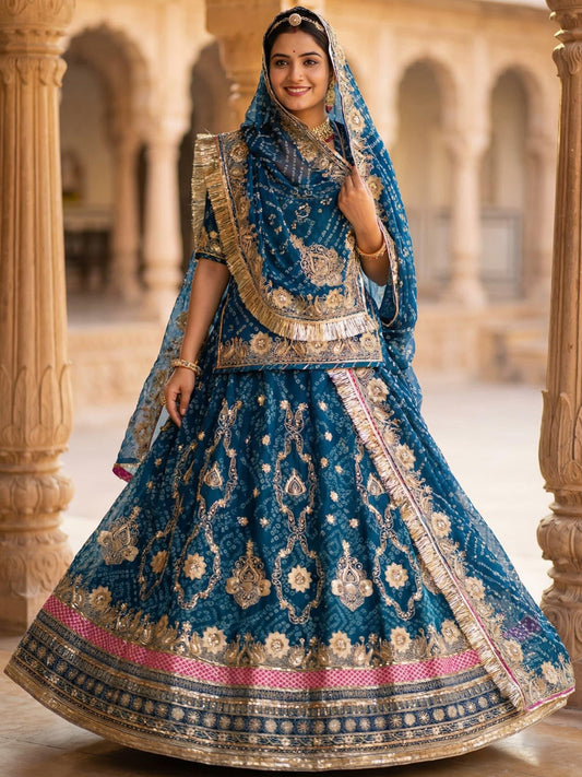 4 Meter Chundari Print Gorgette Premium quality Rajputi Poshak with stone Work in Blue color-91671