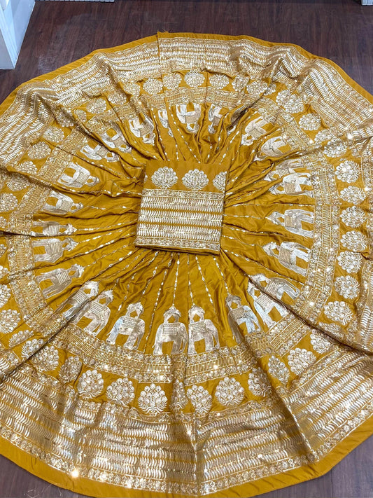 Yellow color 7 Meter flair Fusing Creap Silk Festival Vintage Rajputi Poshak-91715