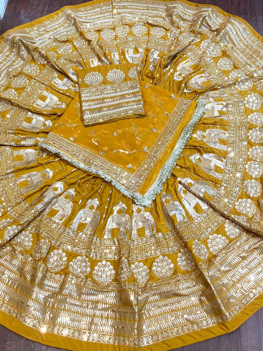 Yellow color 7 Meter flair Fusing Creap Silk Festival Vintage Rajputi Poshak-91715