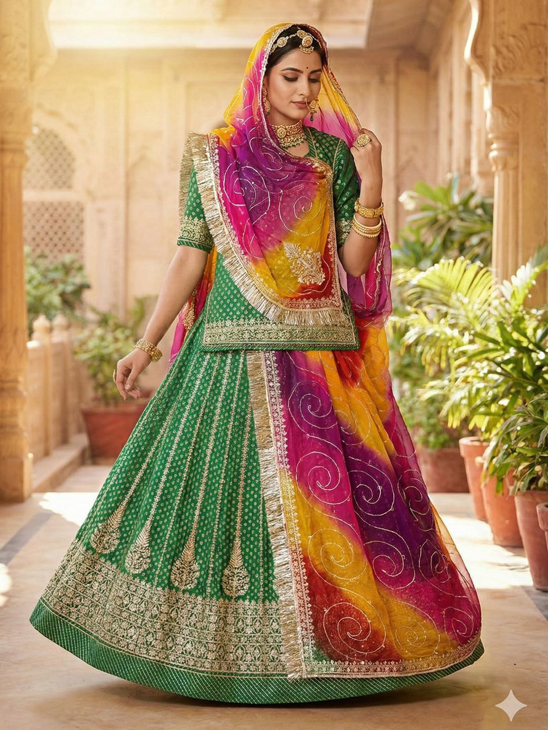 Banarasi 4 Meter flair Mehendi Sangeet Premium quality Rajputi Poshak-91729