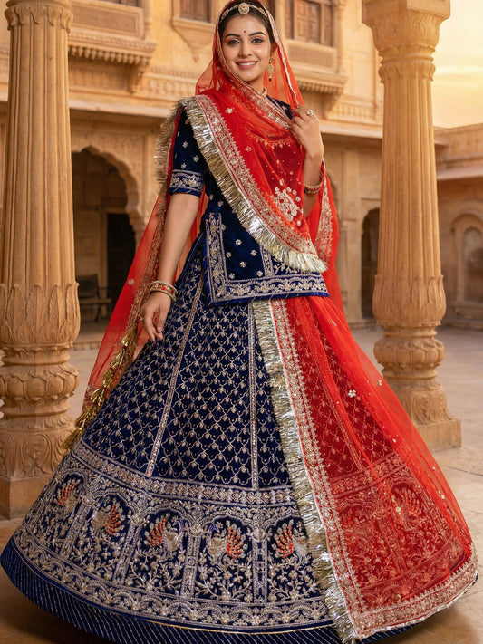 Blue Velvet Festival wedding Rajputi Poshak with Codding work-91758