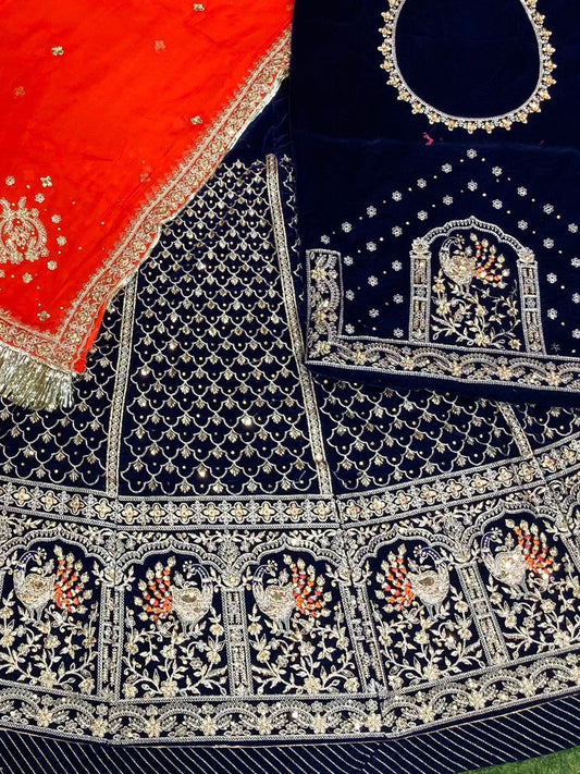 Blue Velvet Festival wedding Rajputi Poshak with Codding work-91758