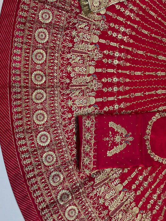 4 Meter flare Heavy Pink color Bridal Italian Silk wedding Rajputi Poshak-91763