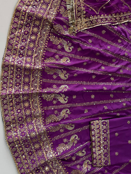 4 Meter flare Heavy Silk Crepe wedding Rajputi Poshak In Dark Purple color -91772