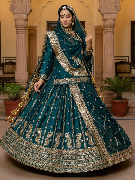 4 Meter flare Heavy Silk Crepe wedding Rajputi Poshak In blue color -91764