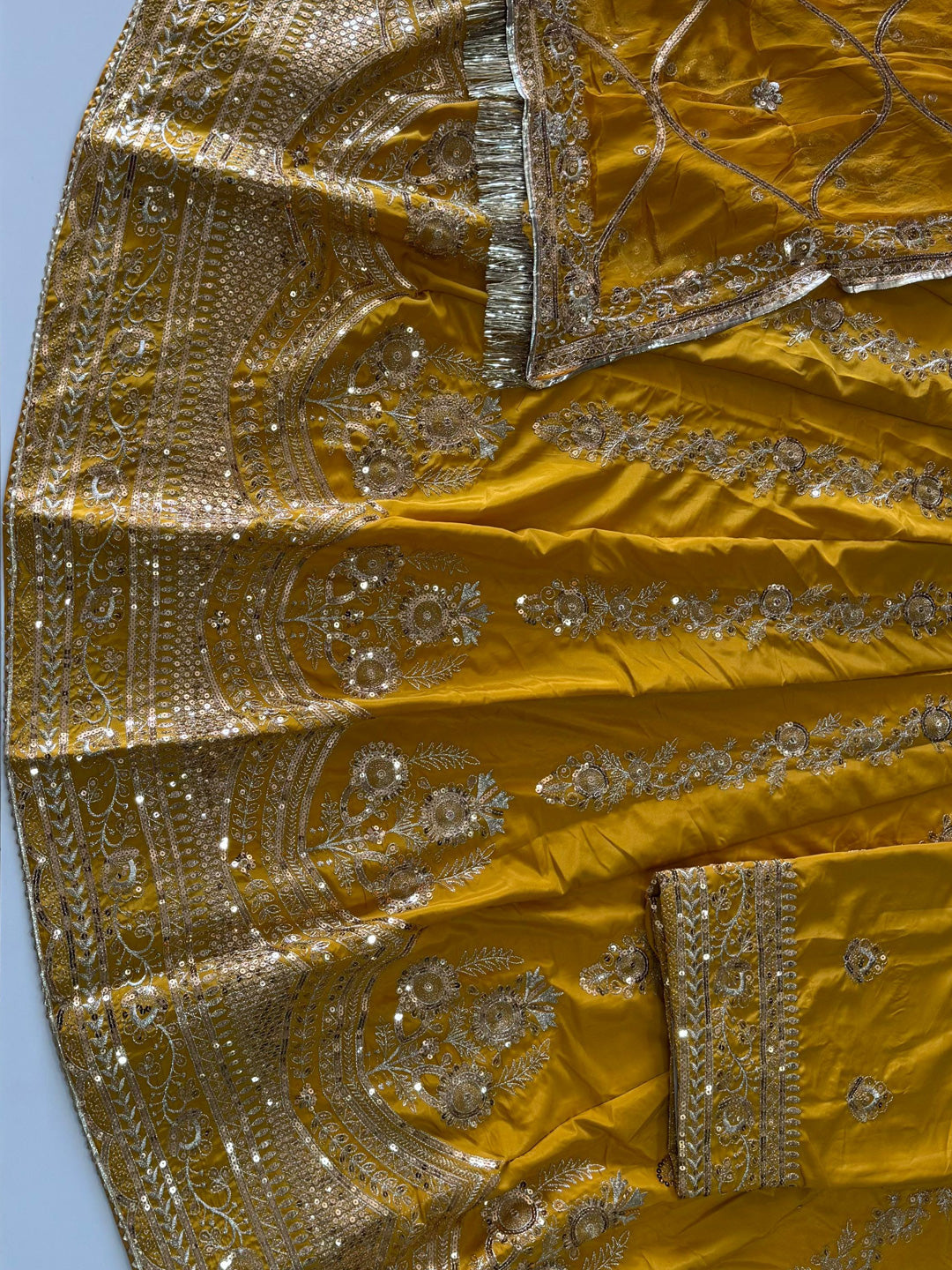4 Meter flare Heavy Silk Crepe wedding Rajputi Poshak In Yellow color -91776