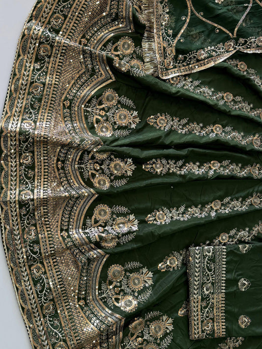 4 Meter flare Heavy Silk Crepe wedding Rajputi Poshak In Green color -91774