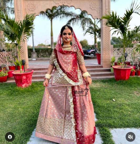 Double Saded Tara Codding Jall Satin Traditional Rajputi Poshak In Peach