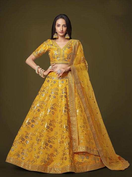 Slub Silk Traditional Reception Semi-Stitched Lehenga Choli In Yellow color-41000