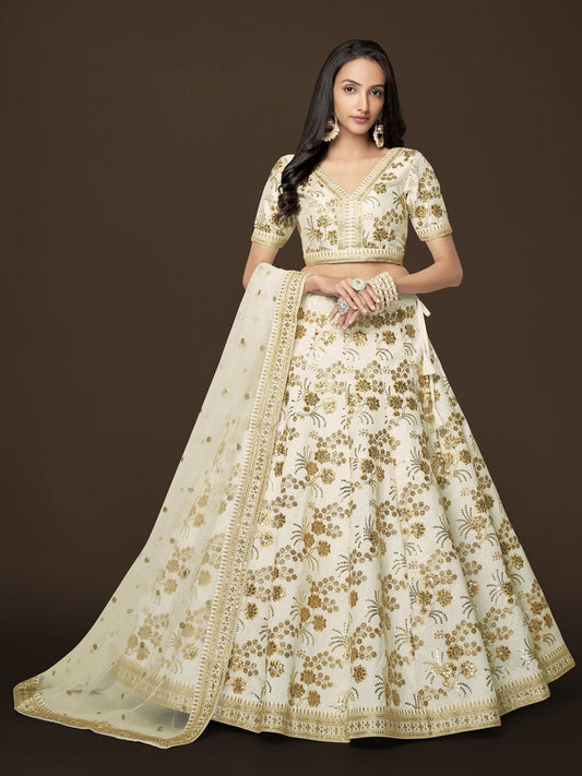 Slub Silk Traditional Reception Semi-Stitched Lehenga Choli In White color-41002