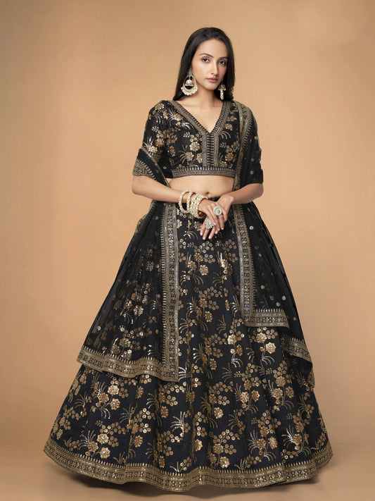 Slub Silk Traditional Reception Semi-Stitched Lehenga Choli In Black color-41003