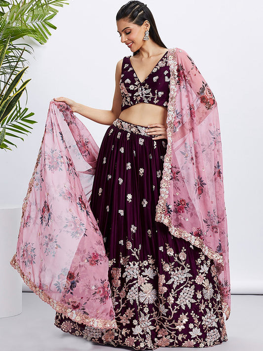Georgette Traditional Reception Semi-Stitched Lehenga Choli In Purple color-40980