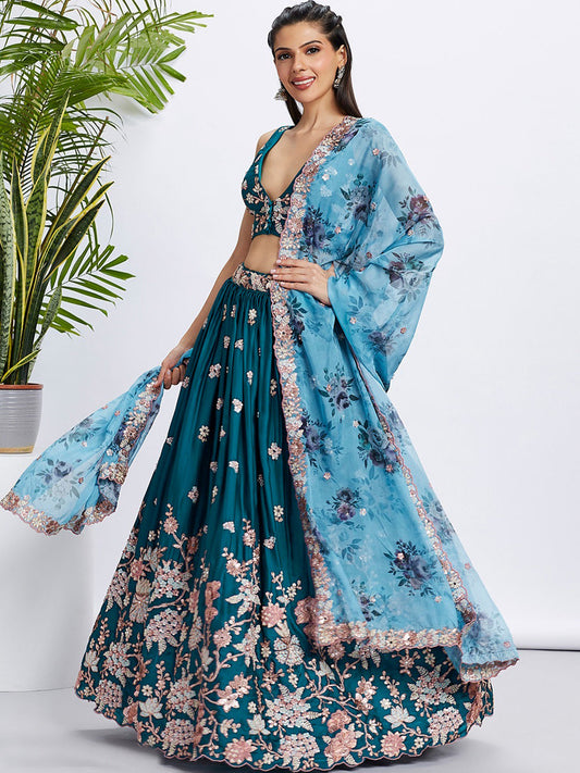 Georgette Traditional Reception Semi-Stitched Lehenga Choli In Blue color-40982