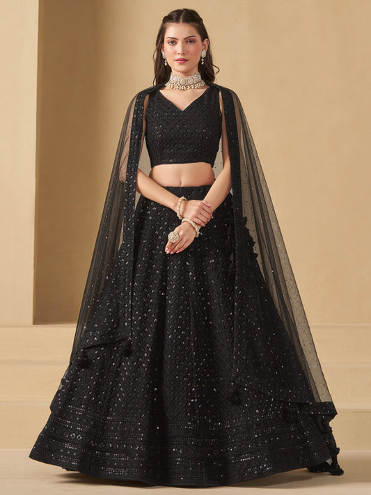 Georgette Traditional Reception Semi-Stitched Lehenga Choli In Blue color-40985