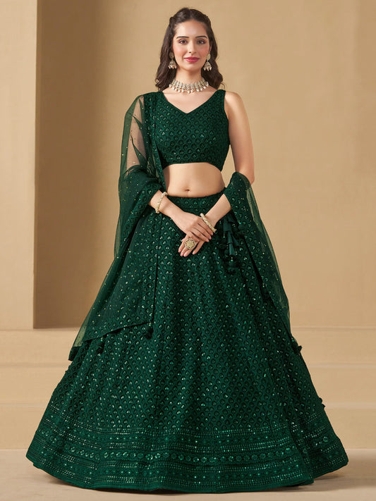 Georgette Traditional Reception Semi-Stitched Lehenga Choli In Green color-41007
