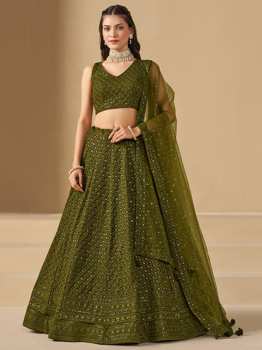 Georgette Traditional Reception Semi-Stitched Lehenga Choli In Green color-41008