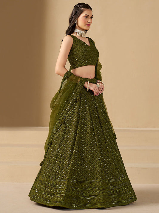 Georgette Traditional Reception Semi-Stitched Lehenga Choli In Green color-41008