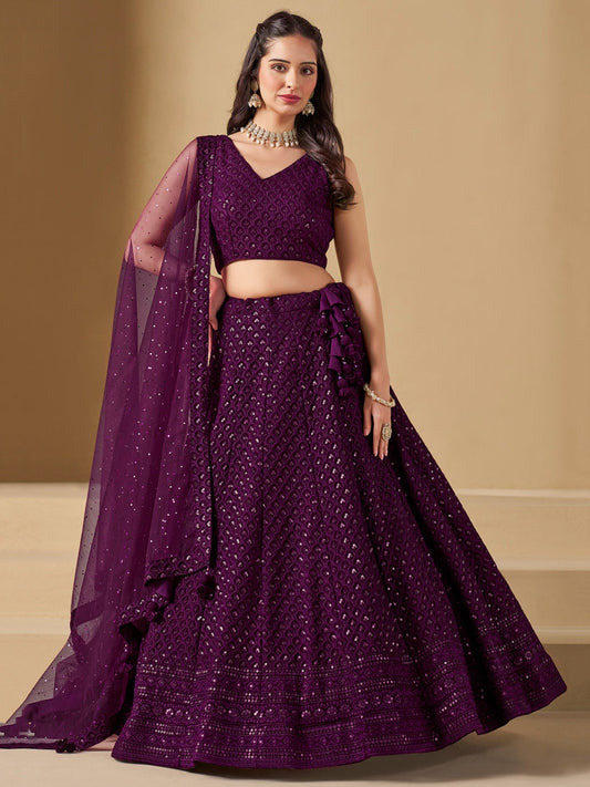 Georgette Traditional Reception Semi-Stitched Lehenga Choli In Purple color-41009