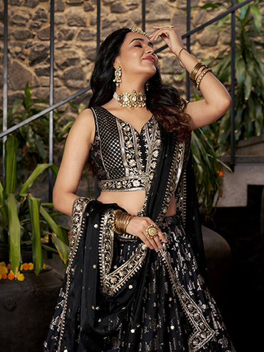 Dola Silk jacquard Traditional Reception Semi-Stitched Lehenga Choli In Black color-82139
