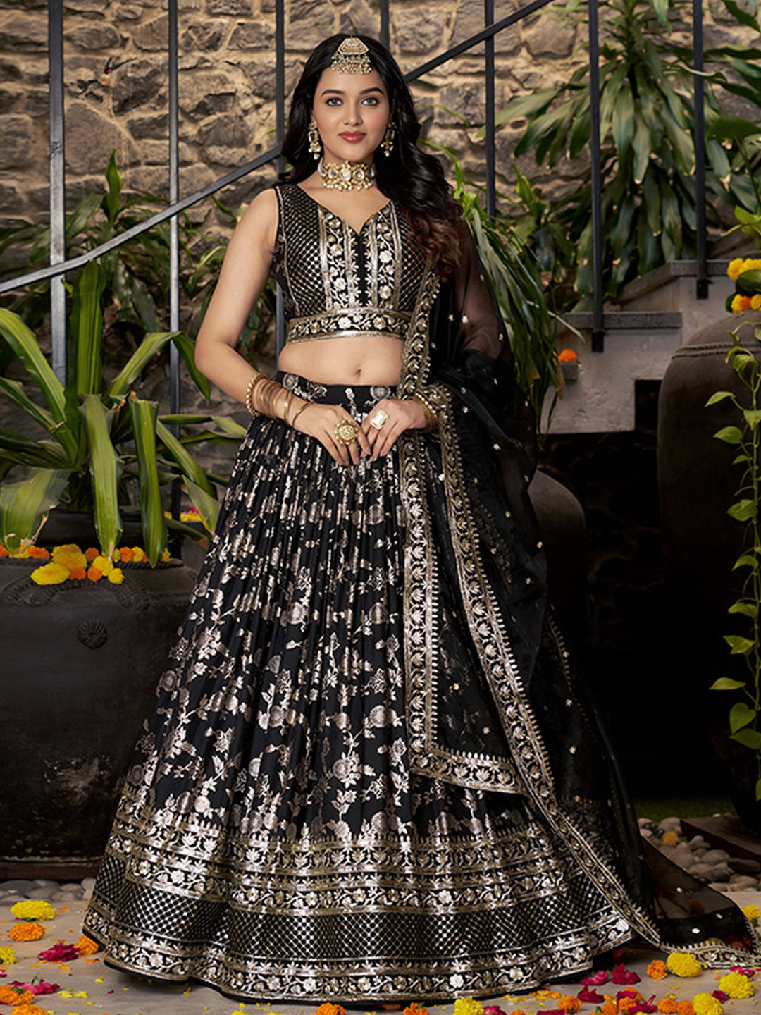 Dola Silk jacquard Traditional Reception Semi-Stitched Lehenga Choli In Black color-82139
